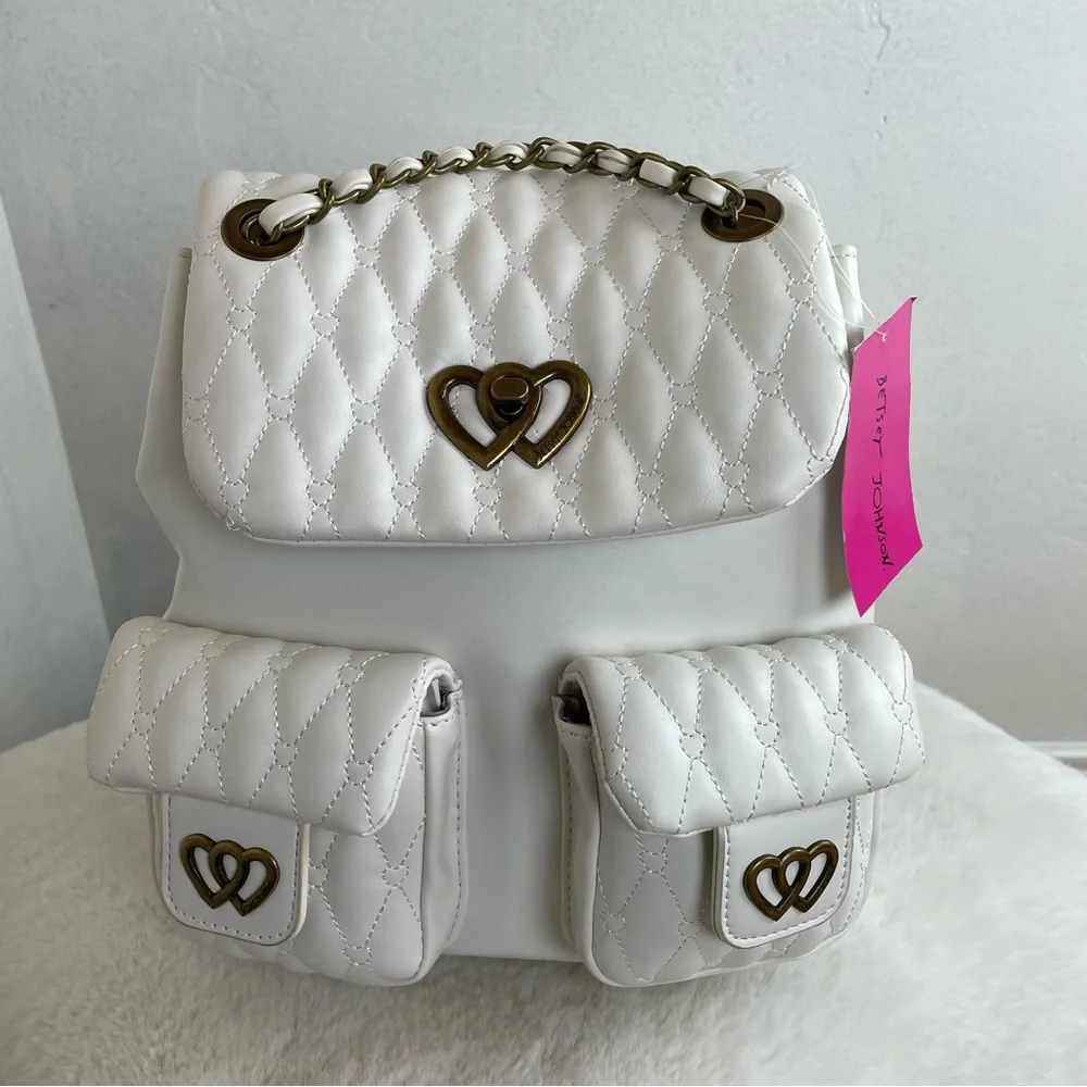 Betsey Johnson White Quilted Heart Accent Backpack